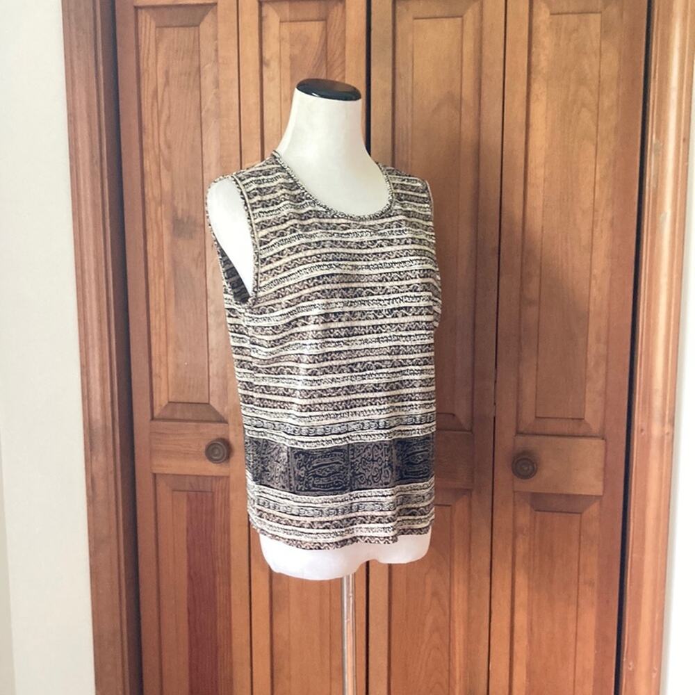 Plisse Tan & Black Stretch Pullover Top, Size XL